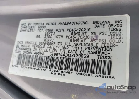 2001 Toyota Tundra Sr5 V8 из США, поврежденный, VIN 5TBBT44141S129859